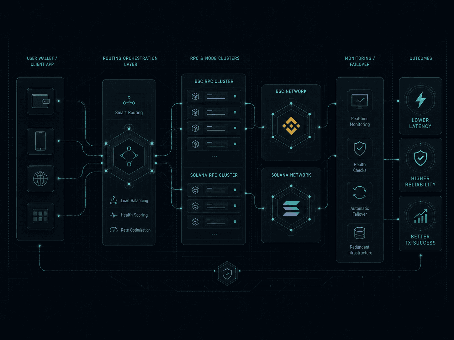 Abstract system diagram representing on-chain transaction performance improvements